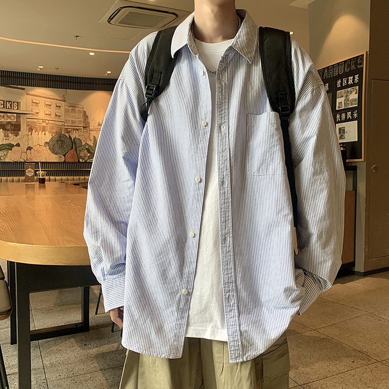 BDLS工作室文艺男女店港风情侣款长袖条纹衬衫男女款外套情侣可穿