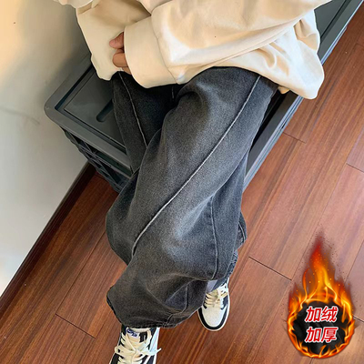 BDLS工作室文艺男女店港风情侣款加绒加厚保暖牛仔裤美式复古长裤