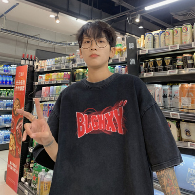 BDLS工作室文艺男女店港风情侣款重磅美式炒雪花水洗做旧短袖t恤