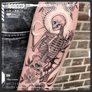 哥特复古骷髅浪漫白色图案花臂纹身贴纸防水潮男女纹身 tattoo