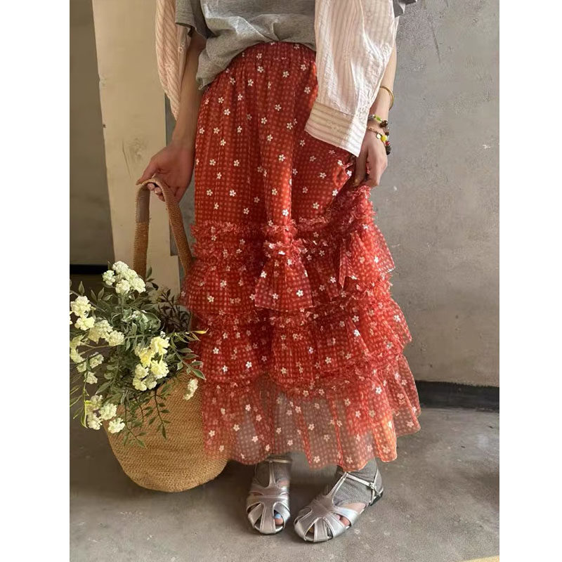 浪漫氛围25韩国订单橙红色洋气减龄蛋糕裙 甜美系约会高腰半身裙