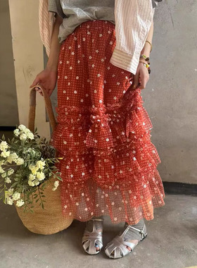 浪漫氛围25韩国订单橙红色洋气减龄蛋糕裙 甜美系约会高腰半身裙