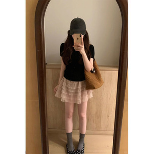 韩式高腰蓬蓬裙女夏短裙层叠网纱A型韩式半身裙少女裸色百搭裙子