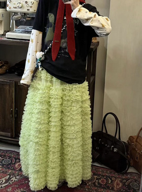 果绿酱2025秋冬季韩代款蛋糕裙 度假拍照敲出片仙女层层网纱裙女