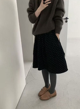 少女日记25秋冬季韩国东大门气质减龄中裙 黑色波点小个子半身裙