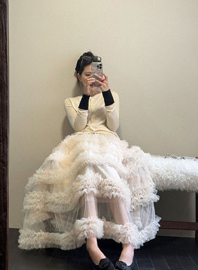 仙女裙2025秋冬重工ins花边压褶蛋糕裙 木耳边大摆拖地重工艺纱裙