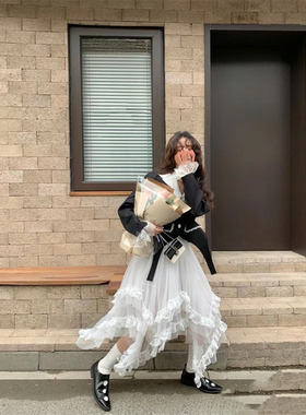 韩国订单2025秋冬花边不规则伞裙甜酷少女 蓬蓬裙百褶荷叶边纱裙
