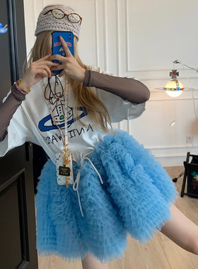 亮眼多巴胺~韩系洋气重工蓬蓬裙2025小众设计感湖蓝色小个子裙子