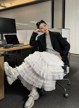 设计感小众网纱蓬蓬蛋糕裙 25秋冬通勤白色小众荷叶边网纱半身裙