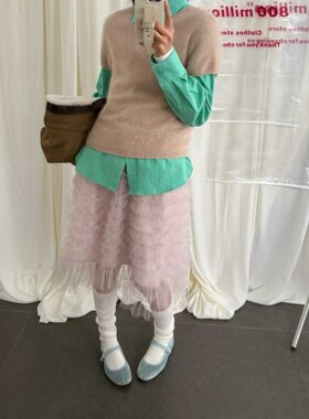 一眼惊艳~26春季小众减龄甜美裙子韩国订单纯色网纱拼接蛋糕纱裙