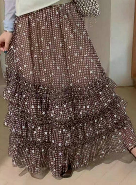 韩系咖色碎花网纱半身裙  2025秋冬小个子多层蛋糕裙显瘦气质长裙