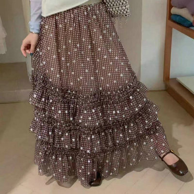 韩系咖色碎花网纱半身裙  2025秋冬小个子多层蛋糕裙显瘦气质长裙