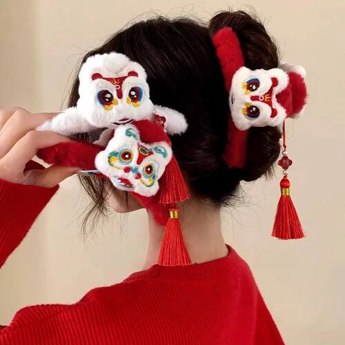 1pc Lion Dance Tassel New Year Plush Hair Clips for Women Re