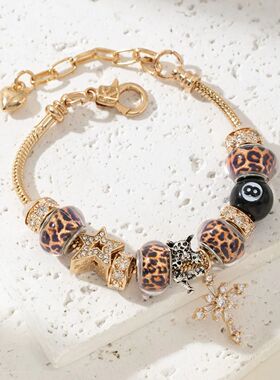1pc Women's Gold Color Leopard Rhinestone 8 Ball Star Cross