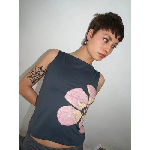 Women's Flower Print Crop Tank Top Fitted Boat Neck Sleevele