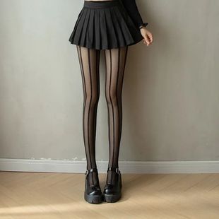 Sexy Women Black Stockings Slimming Vertical Stripes Lines P