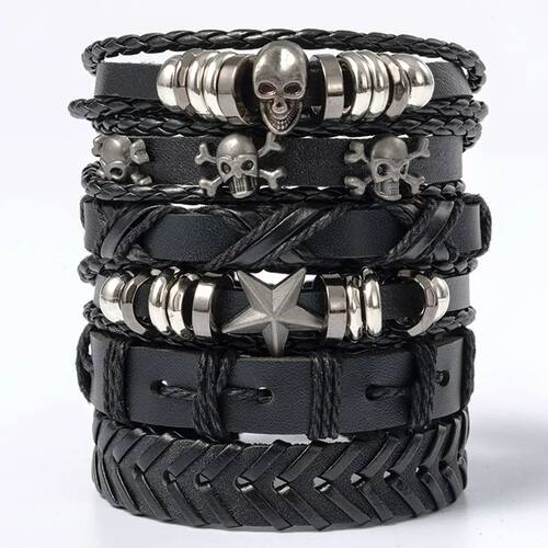 6pcs/Set Black Punk Skull & Star Shaped Alloy & Pu Leather B