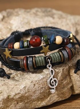 Trendy Musical Note Wood Beads Niche Design Leather Gypsy Hi