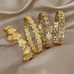 316L Stainless Steel Flower Cuff Bracelet Bangle for Women F