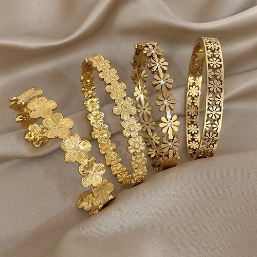 316L Stainless Steel Flower Cuff Bracelet Bangle for Women F