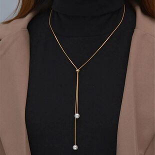 Fashion Simple Gold Color Pearl Necklaces for Women Long Tas