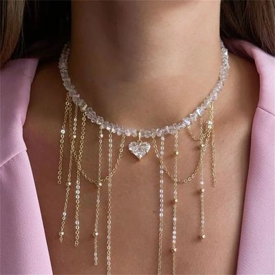 Fashion Vintage Tassels Zircon Heart Pendant Necklace For Wo