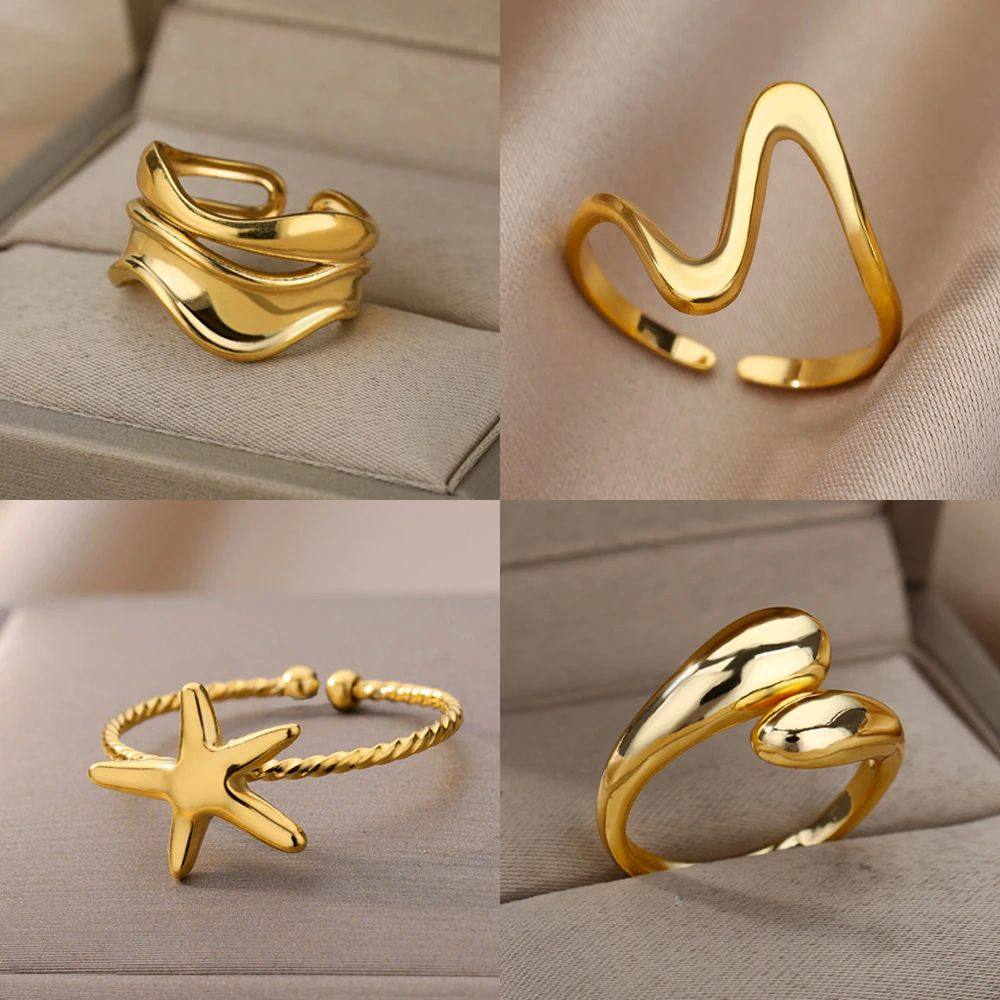 Stainless Steel Rings for Women Waterproof Open Gold Color R - 实物图