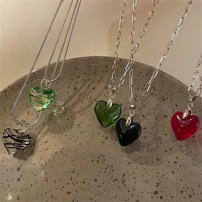 Green Black Zebra-Stripe Glass Heart Pendant Titanium Steel