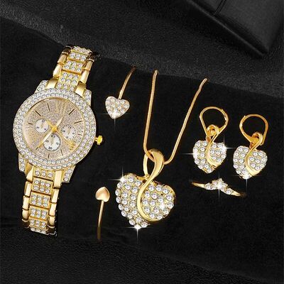 Women's Quartz Watch Gold Women Ring Necklace Earring Rhines