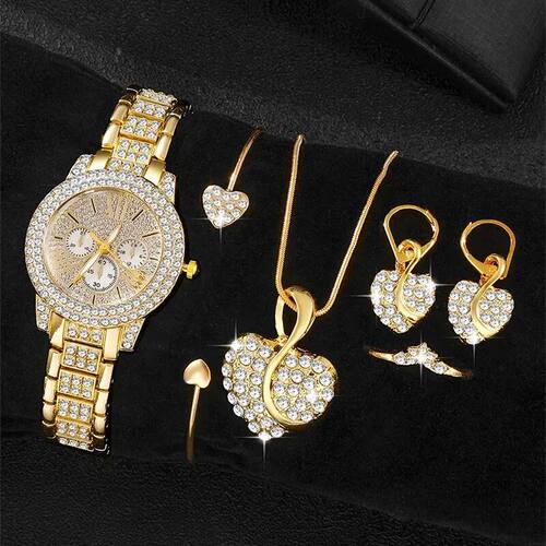 Women's Quartz Watch Gold Women Ring Necklace Earring Rhines