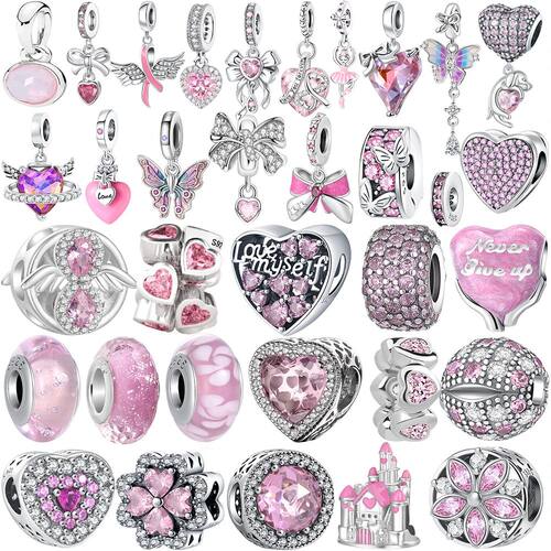 New Hot Sale  Silver Pink Series Bow Zircon Flower Bead Char