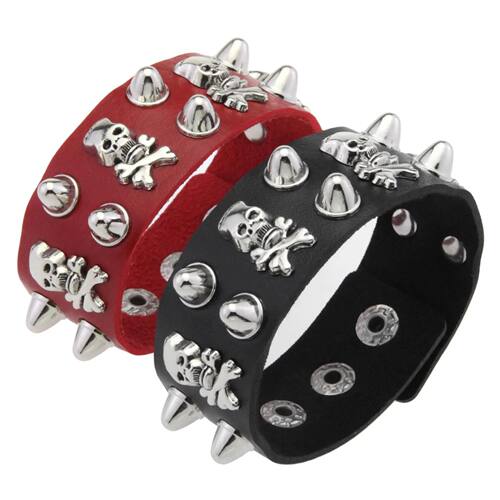 Wide PU Leather Skull Bracelet Punk Bracelet Adjustable Goth
