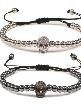 Charm Skull Head Copper Beads Bracelets Handmade Pave CZ Ske