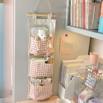Pink Storage Bag Rack Canvas Wall Mounted Bedroom Storage Ba