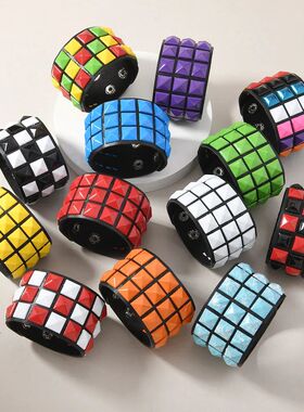 18 Color Punk Hip-Hop Three Rows of Square Rivets PU Leather