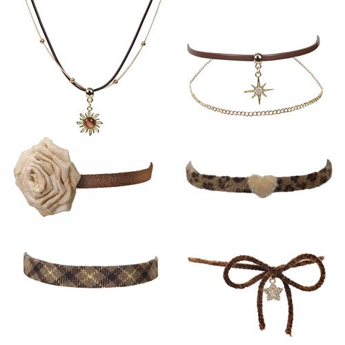 Y2K Vintage Brown Bowknot Flower Sun Stone Leather Pendant N