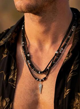 Rock Punk Layering Necklace for Men,Casual Multi Layer Black