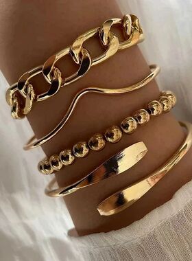 4pcs Punk Curb Cuban Chain Bracelets Set for Women Simple Th