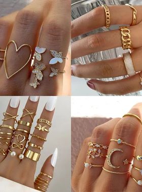 Boho Zircon Butterfly Rings Set Women Charms Gold Color Crys