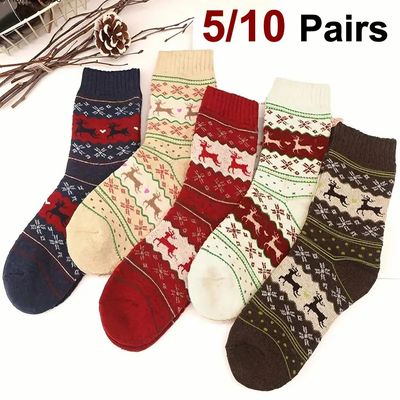 5/10 Pairs Deer Patterned Women Printed Thick Socks Suitable