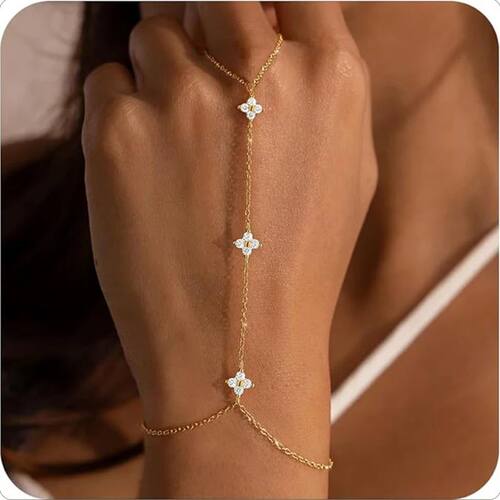 Lucky Leaf Finger Chain Ring Bracelet for Women 14K Gold Pla