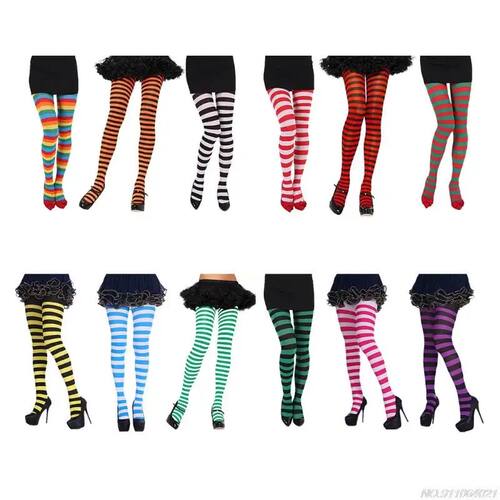 Women Girls Rainbow Multicolor Striped Tights Opaque Stockin