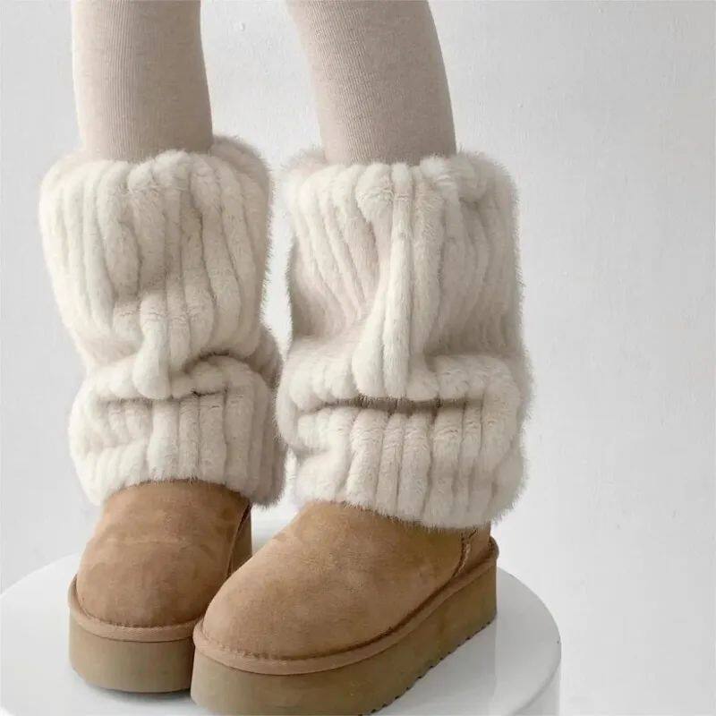Women Thickened Imitation Mink Fur Plush Leg Warmers Boots C