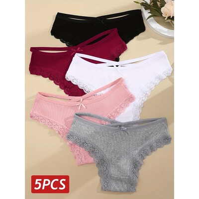 5PCS Women's Cotton Briefs Sexy Lace Underpant Hollow Brazil