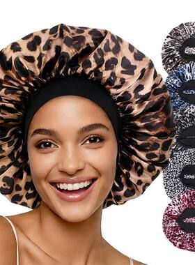 Leopard Print Satin Bonnet Sleeping Cap Shower Edge Wrap Cov