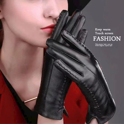 Winter Black Women's Gloves PU Leather Keep Warm Touch Scree