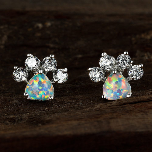 Cute Heart Cat Paw White Zircon Stud Earrings For Women Vint