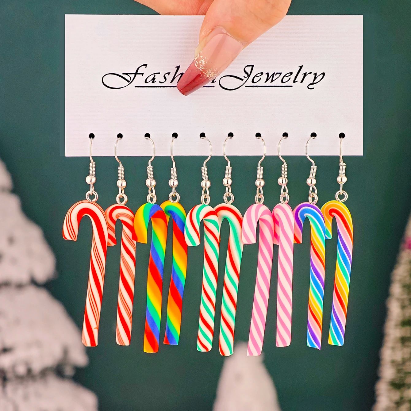 10pcs Christmas Candy Cane Earrings Set Soft Clay Rainbow St