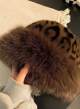Hot Leopard Print Fur Hat Women Windproof Keep Warm Headgear