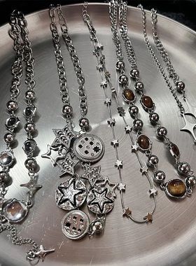 Punk Retro Button Star Pendant Necklace Trendy Delicate Silv